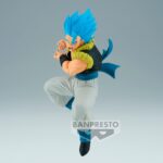 Figurine de Gogeta en Super Saiyan Blue mesurant 11 cm, vêtue d'un gilet noir avec des rembourrages jaunes, un pantalon blanc et des bottes noires, dans une posture dynamique prête à lancer un Kamehameha.