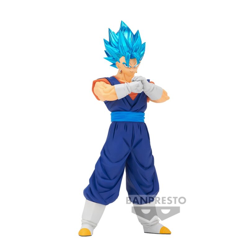 Figurine de Vegetto en Super Saiyan Blue mesurant 18 cm, représentant la fusion de Gokû et Vegeta, fabriquée par Banpresto.