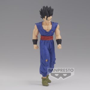 Figurine de Ultimate Gohan de Dragon Ball Super, mesurant 19 cm, représentant le personnage dans une pose confiante avec des cheveux noirs ébouriffés et des yeux déterminés, sculptée en PVC par Banpresto.