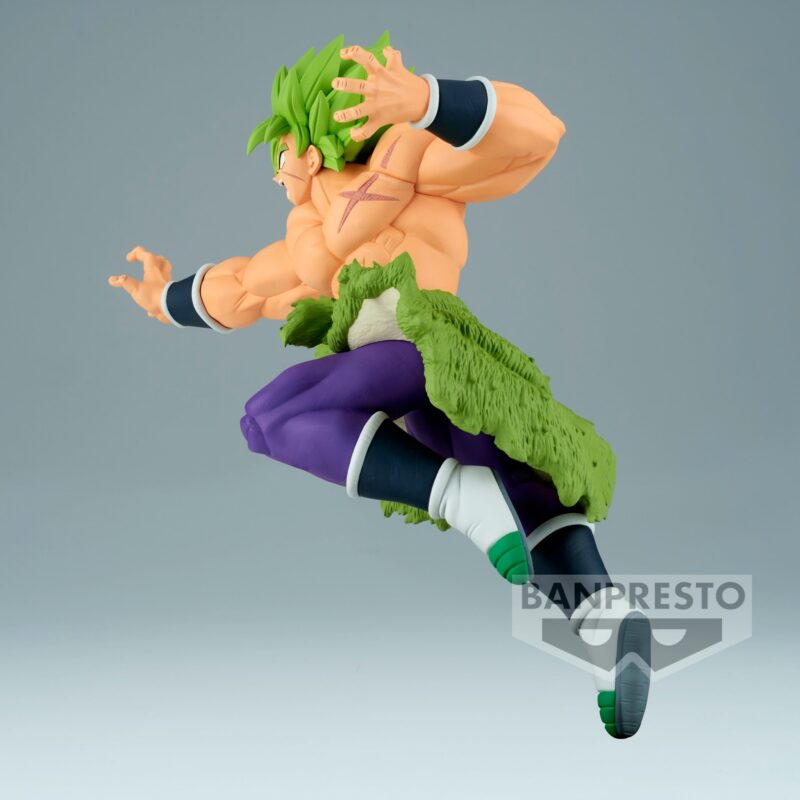 Figurine de Broly en Super Saiyan, mesurant 19 cm, détaillant son expression colérique et sa posture dynamique, fabriquée par Banpresto.