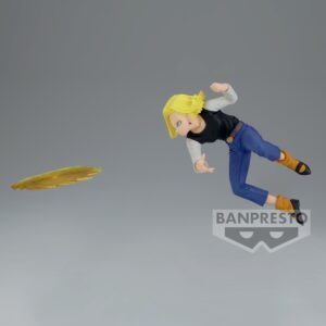 Figurine de C-18 de Dragon Ball Z, représentant le personnage en position dynamique avec un disque d'énergie, mesurant 13 cm, fabriquée par Banpresto.