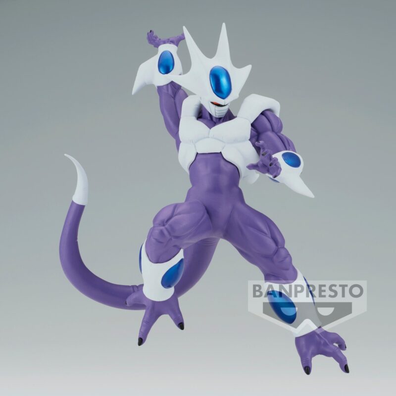 Figurine de Cooler de Dragon Ball Z, mesurant 17 cm, représentée dans une posture dynamique, prête à lancer une attaque, avec des détails précis sur son design et sa tenue.