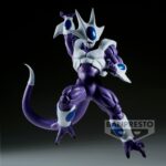 Figurine de Cooler de Dragon Ball Z, mesurant 17 cm, représentée dans une posture dynamique, prête à lancer une attaque, avec des détails précis sur son design et sa tenue.