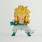 Figurine Gotenks Super Saiyan 3 de Banpresto représentant un jeune guerrier avec un sourire confiant, des cheveux blonds hérissés et un uniforme de combat, dans une pose dynamique.