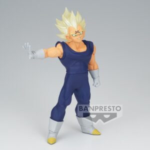 Figurine de Majin Vegeta de Dragon Ball Z mesurant environ 17 cm, présentée dans une pose de combat avec un uniforme bleu et blanc, affichant des détails soignés et des muscles finement détaillés.