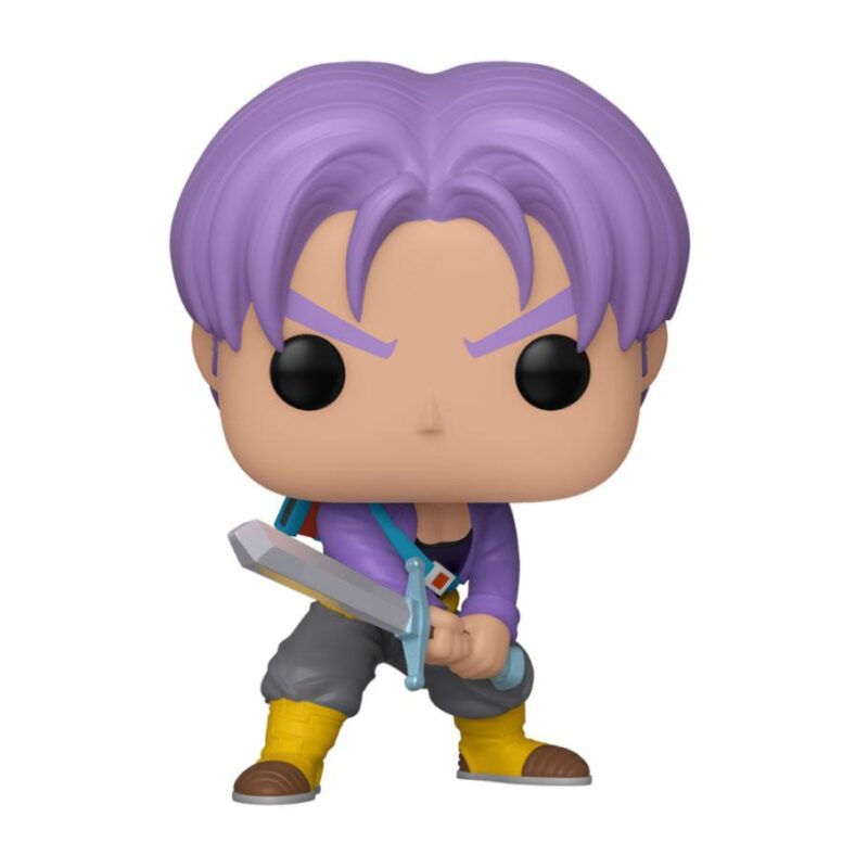Figurine Funko Pop de Trunks de Dragon Ball avec une pose de combat dynamique, tenant une épée, représentant le Guerrier du Futur.