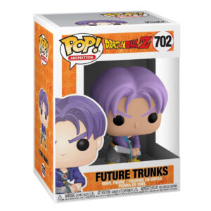 Figurine Funko Pop de Trunks de Dragon Ball avec une pose de combat dynamique, tenant une épée, représentant le Guerrier du Futur.