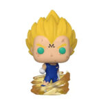 Figurine Pop de Majin Vegeta avec le symbole M sur le front, portant une tenue de combat bleue et entourée d'une aura d'énergie tourbillonnante.