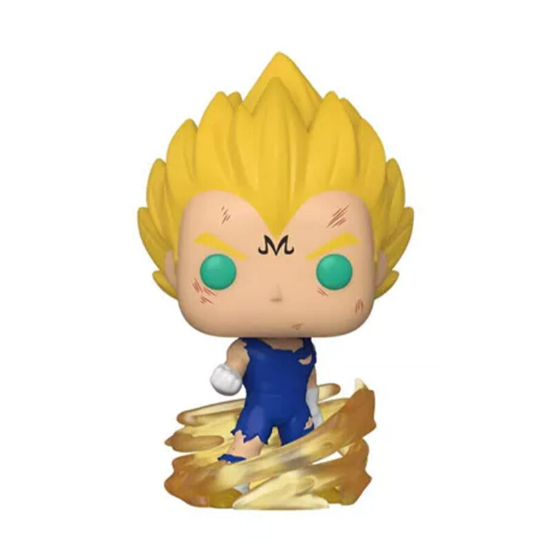 Figurine Pop de Majin Vegeta avec le symbole M sur le front, portant une tenue de combat bleue et entourée d'une aura d'énergie tourbillonnante.