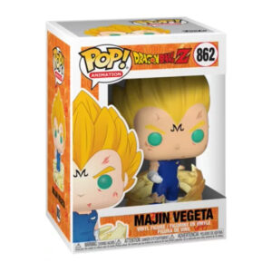 Figurine Pop de Majin Vegeta avec le symbole M sur le front, portant une tenue de combat bleue et entourée d'une aura d'énergie tourbillonnante.