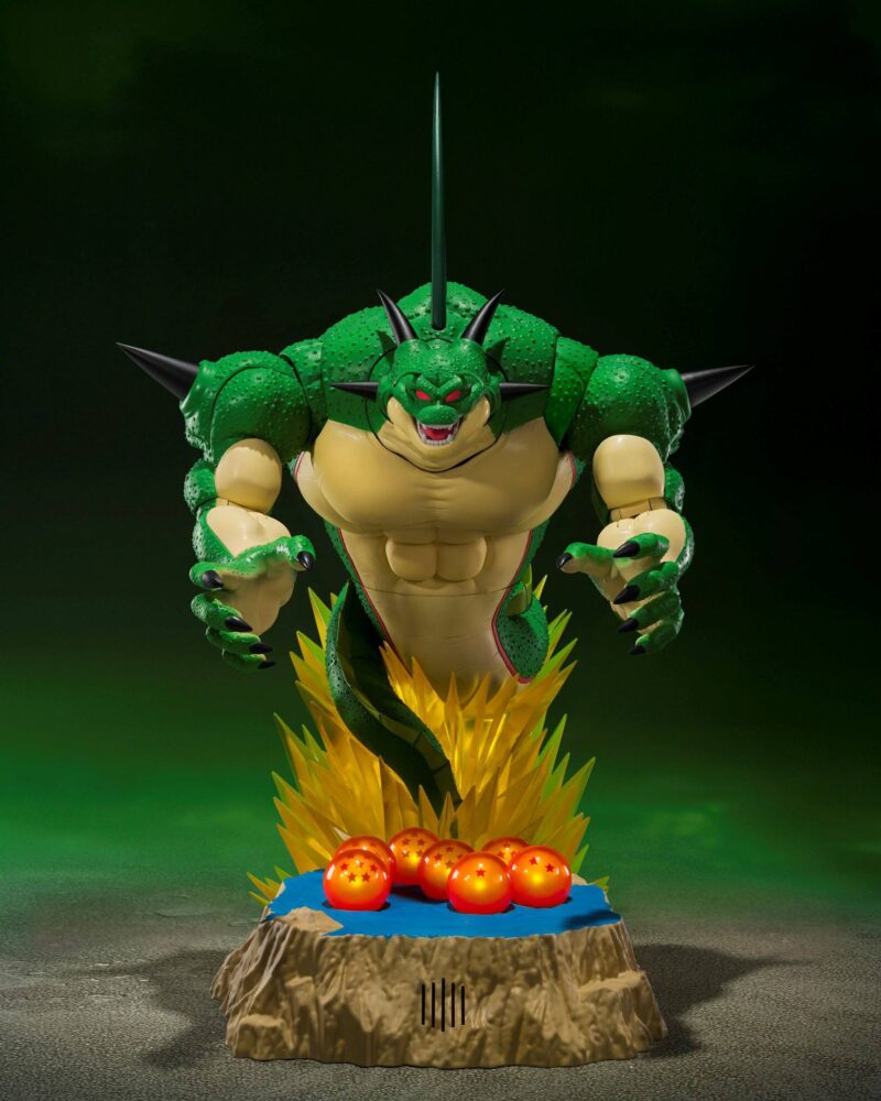 Figurine de Porunga de Dragon Ball Z mesurant 28 cm avec une tête optionnelle, accompagnée de figurine de Dende et de 7 Dragon Balls de Namek.
