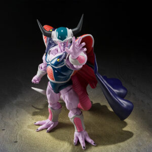 Figurine du Roi Cold de Dragon Ball mesurant 22 cm, avec deux visages interchangeables et une épée de Trunks, sur un fond neutre.