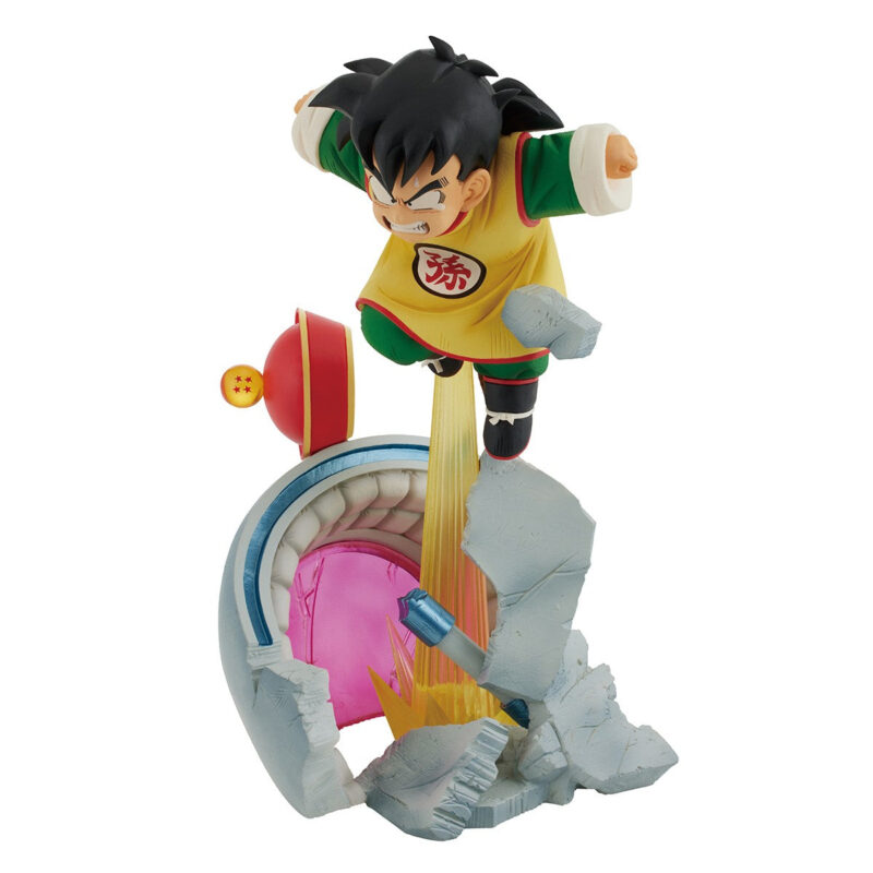 Figurine de Son Gohan en PVC mesurant 19 cm, représentant le personnage avec un visage furieux, émergeant d'une capsule de voyage Saiyan.
