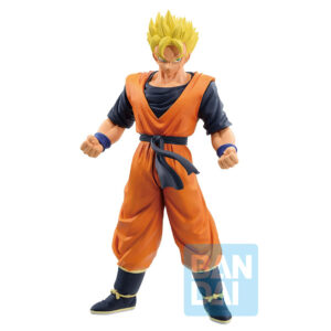 Figurine de Son Gohan dans sa forme Super Saiyan, portant la tenue orange de son père, avec des cicatrices sur son visage, représentant un guerrier déterminé, fabriquée par Bandai Ichibansho.