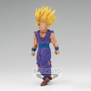 Figurine de Son Gohan en Super Saiyan 2, représentant le personnage avec des détails précis, mesurant 16 cm, fabriquée par Banpresto.