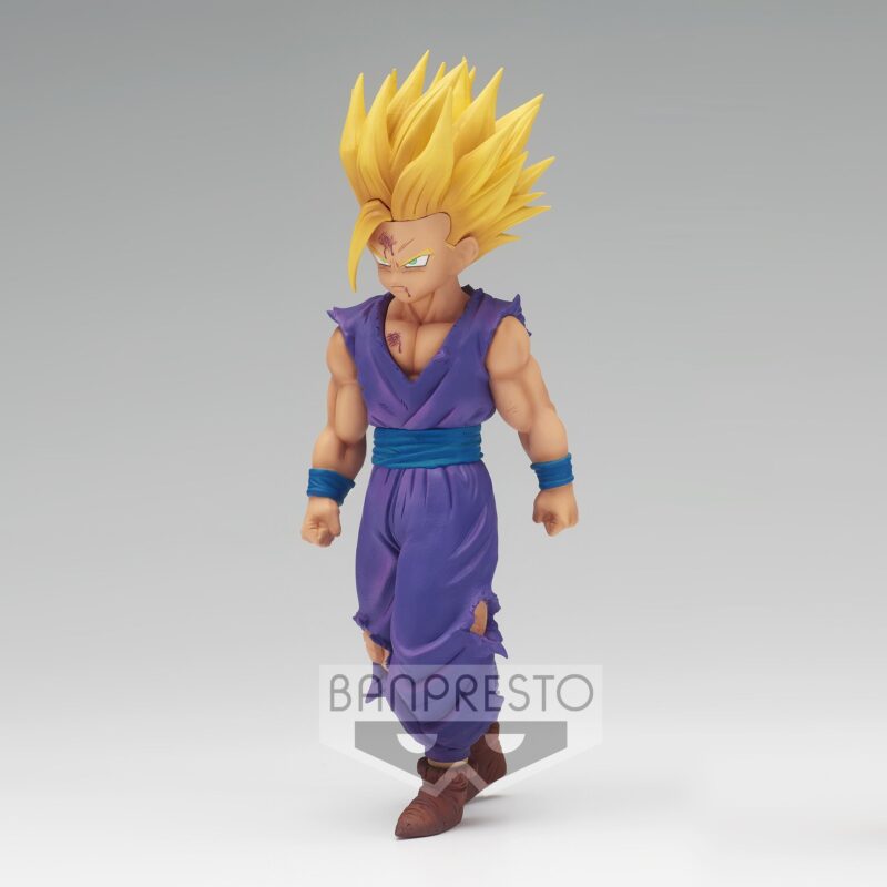 Figurine de Son Gohan en Super Saiyan 2, représentant le personnage avec des détails précis, mesurant 16 cm, fabriquée par Banpresto.