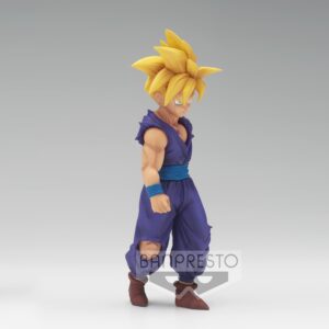 Figurine de Son Gohan en Super Saiyan, mesurant 16 cm, représentant le personnage dans une posture déterminée, avec des détails précis sur son costume et son expression.
