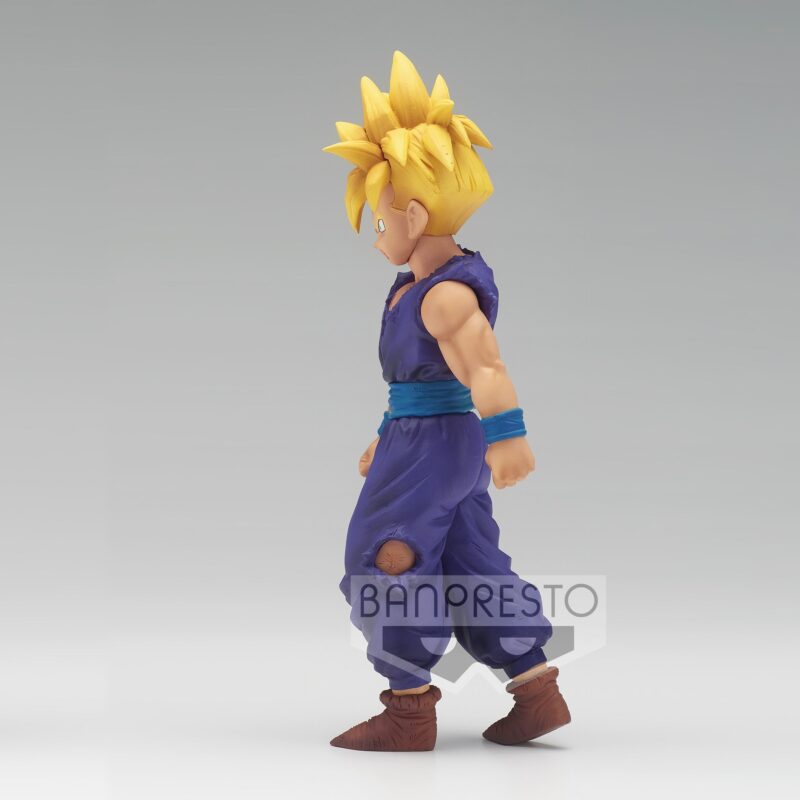 Figurine de Son Gohan en Super Saiyan, mesurant 16 cm, représentant le personnage dans une posture déterminée, avec des détails précis sur son costume et son expression.