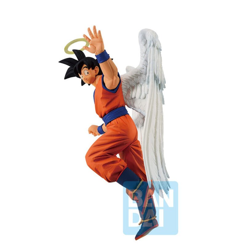 Figurine de Son Goku et Kaio de 22 cm avec des ailes angéliques et des auréoles, représentant le moment du sacrifice de Goku lors du Cell Game.