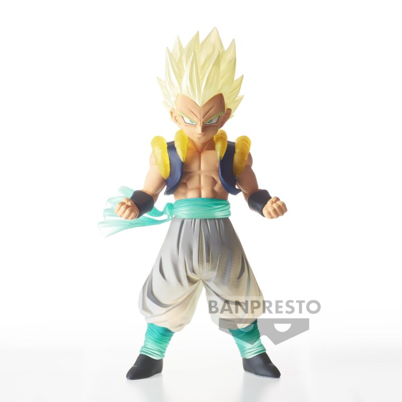Figurine de Gotenks en Super Saiyan de la collection Clearise, avec des cheveux translucides, représentant le personnage de Dragon Ball Z.