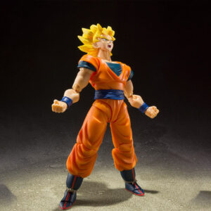 Figurine de Son Goku en Super Saiyan, articulée, mesurant 14 cm, avec trois visages interchangeables et plusieurs paires de mains, représentant le personnage dans sa tenue de combat classique orange et bleue.