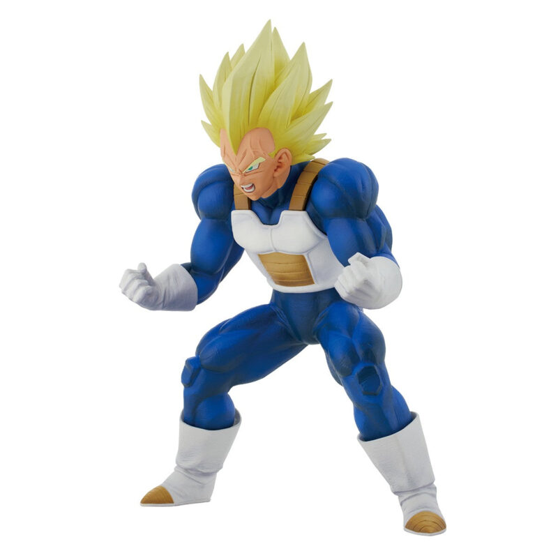Figurine de Vegeta en Super Saiyan, affichant une expression déterminée avec des muscles saillants, mesurant 22 cm, fabriquée par Bandai Ichibansho.
