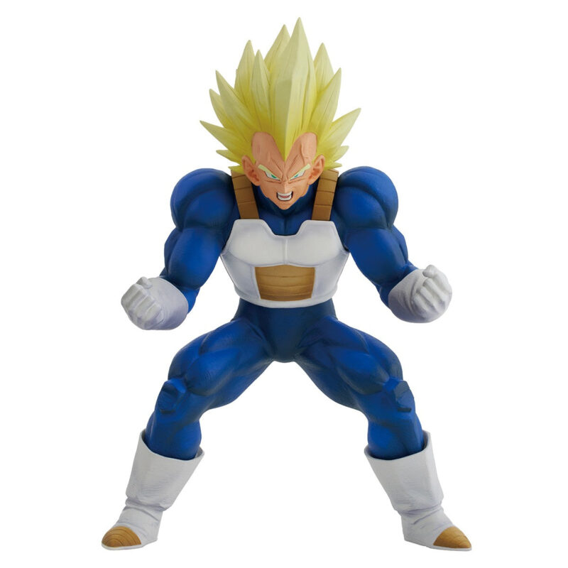 Figurine de Vegeta en Super Saiyan, affichant une expression déterminée avec des muscles saillants, mesurant 22 cm, fabriquée par Bandai Ichibansho.
