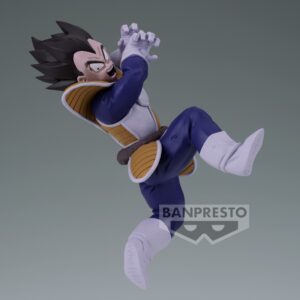 Figurine de Vegeta de Dragon Ball Z en position d'attaque, portant son armure de Saiyan, avec une aura de combat intense, mesurant 10 cm, fabriquée par Banpresto.