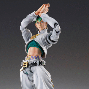 Vue 3/4 de face à mi-distance de la figurine de Rohan Kishibe de JoJo's Bizarre Adventure en chemise blanche et verte, avec boucles d'oreilles.