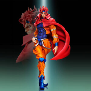 Vue 3/4 de face en plan entier de la figurine de Dio Brando de JoJo's Bizarre Adventure en tenue orange avec une cape rouge.