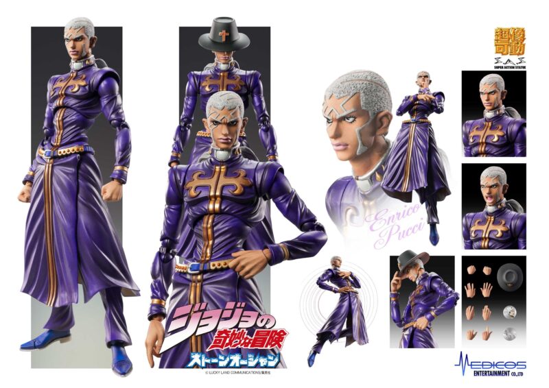 Vue 3/4 de face à mi-distance de la figurine d'Enrico Pucci de JoJo's Bizarre Adventure en tenue violette avec accents dorés, avec un chapeau.