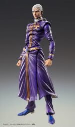 jojo-s-bizarre-adventure-figurine-enrico-pucci-chozokado_2 Vue 3/4 de face à mi-distance de la figurine d'Enrico Pucci de JoJo's Bizarre Adventure en tenue ecclésiastique, avec motifs dorés.