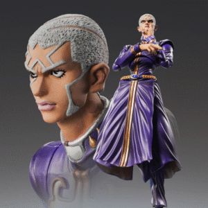Vue 3/4 de face à mi-distance de la figurine d'Enrico Pucci de JoJo's Bizarre Adventure en manteau violet.