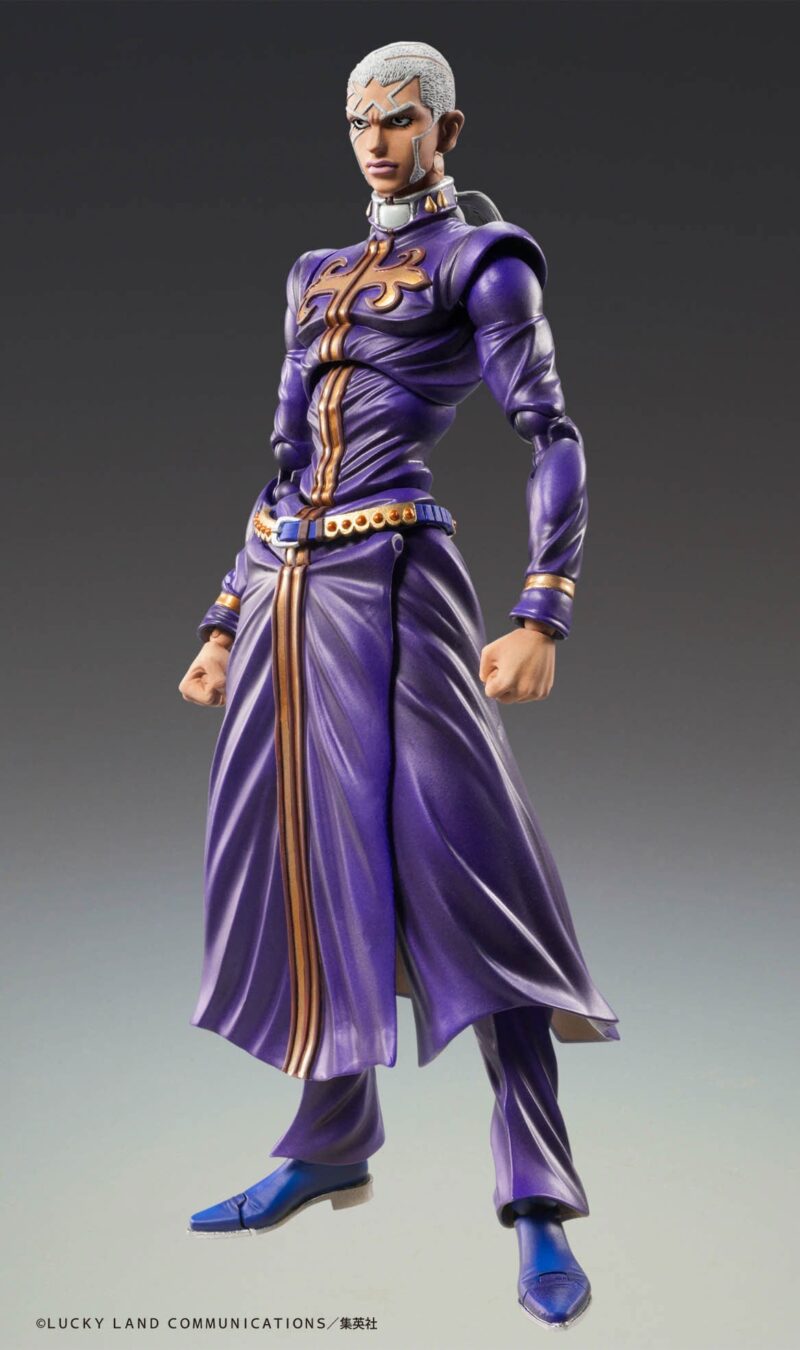 Vue 3/4 de face à mi-distance de la figurine d'Enrico Pucci de JoJo's Bizarre Adventure en tenue ecclésiastique, avec motifs dorés.