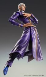 jojo-s-bizarre-adventure-figurine-enrico-pucci-chozokado_3 Vue 3/4 en plongée à mi-distance de la figurine d'Enrico Pucci de JoJo's Bizarre Adventure en tenue violette ornée d'or.