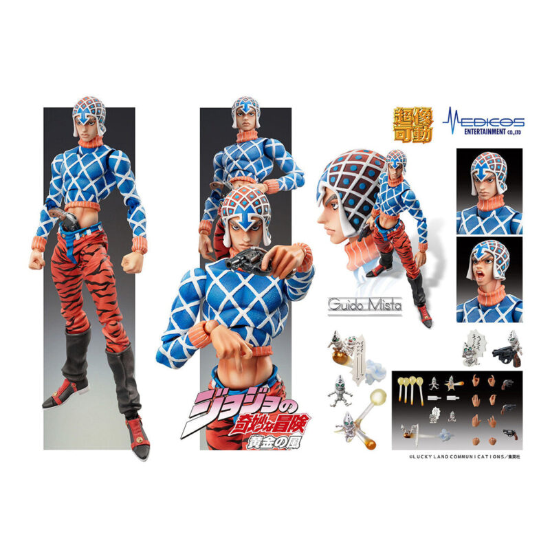 Vue 3/4 de face à mi-distance de la figurine de Guido Mista de JoJo's Bizarre Adventure en pull à losanges, tenant un pistolet.