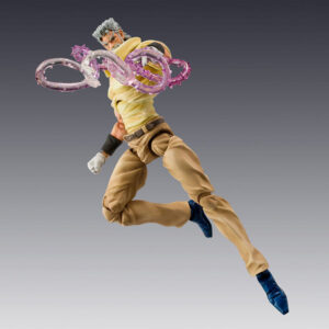 Vue 3/4 de face à mi-distance de la figurine de Joseph Joestar de JoJo's Bizarre Adventure en chemise jaune, tenant une liane violette.