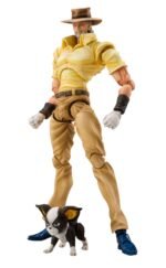 jojo-s-bizarre-adventure-figurine-joseph-joestar-et-iggy-chozokado_2 Vue 3/4 de face à mi-distance de la figurine de Joseph Joestar de JoJo's Bizarre Adventure en chemise jaune, avec Iggy à ses pieds.