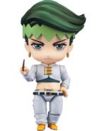 Vue de face en plan rapproché de la figurine Nendoroid de Rohan Kishibe de JoJo's Bizarre Adventure, tenant un stylo dans la main droite.