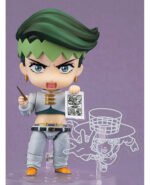 Vue 3/4 de face à mi-distance de la figurine Nendoroid de Rohan Kishibe de JoJo's Bizarre Adventure, tenant un stylo et du papier.