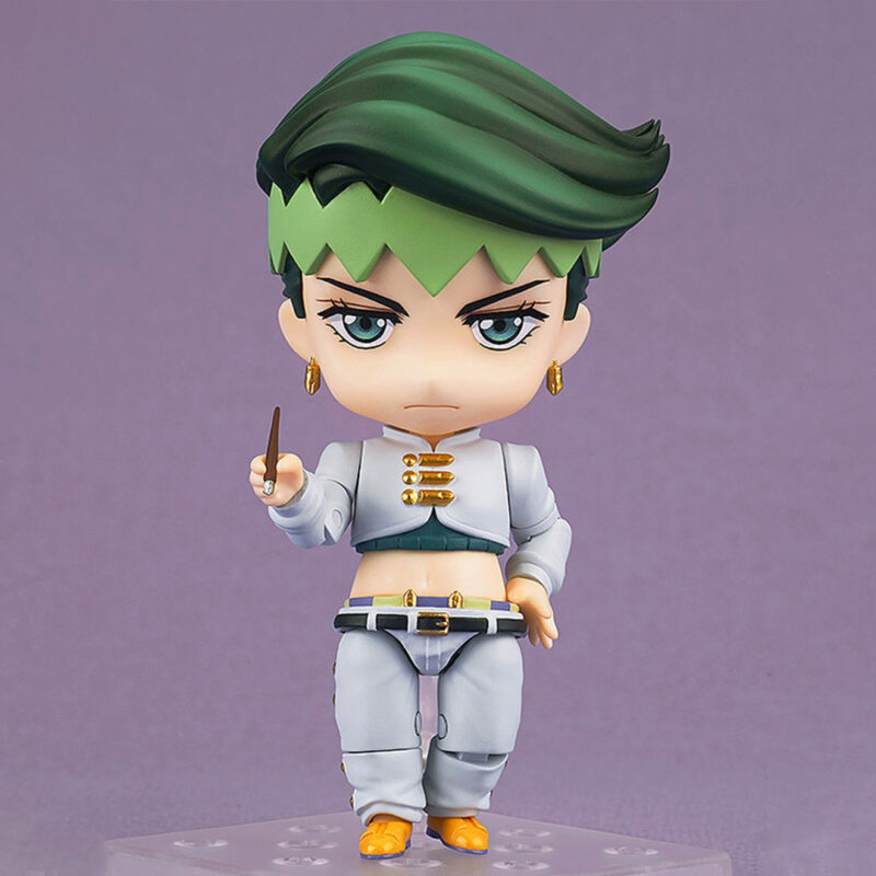 Vue de face en plan corps entier de la figurine Nendoroid de Rohan Kishibe de JoJo's Bizarre Adventure en veste blanche, tenant un stylo.
