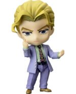 Vue de face en plan rapproché moyen de la figurine de Yoshikage Kira de JoJo's Bizarre Adventure en costume violet.