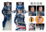 Vue 3/4 de face à mi-distance de la figurine d'Okuyasu Nijimura de JoJo's Bizarre Adventure en uniforme scolaire bleu, avec The Hand derrière lui.