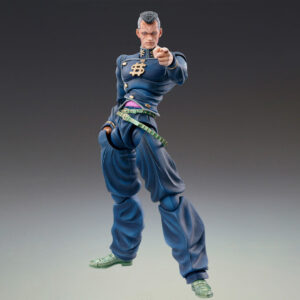 Vue 3/4 de face à mi-distance de la figurine d'Okuyasu Nijimura de JoJo's Bizarre Adventure, dans une pose sérieuse.