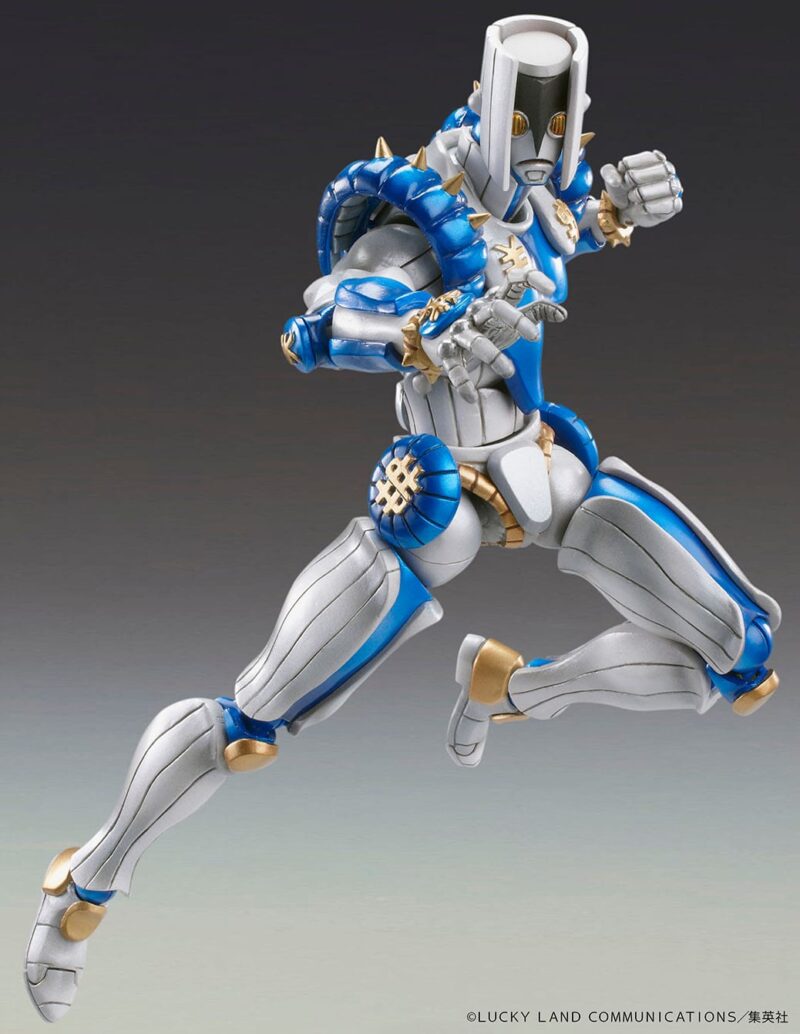 Vue 3/4 de face en plan rapproché de la figurine de The Hand de JoJo's Bizarre Adventure: Diamond is Unbreakable, avec une armure futuriste blanche et des accents bleus et dorés, présentant des pointes distinctives.