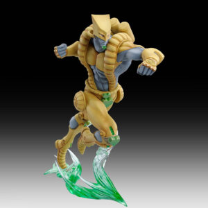 Vue 3/4 de face à mi-distance de la figurine de Dio Brando de JoJo's Bizarre Adventure en armure jaune, avec des effets verts.