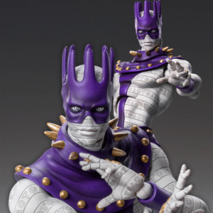 Vue 3/4 de face à mi-distance de la figurine de Whitesnake de JoJo's Bizarre Adventure en tenue blanche avec motifs noirs, ornée de pointes dorées.