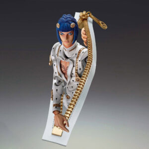 Vue 3/4 de face à mi-distance de la figurine de Bruno Bucciarati de JoJo's Bizarre Adventure en costume blanc à pois noirs, émergeant d'une fermeture éclair.