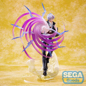 Figurine Luminasta de Gojo Satoru de la série Jujutsu Kaisen en veste noire avec taches rouges, en posture dynamique avec expression confiante, entouré d'énergie violette. Vue de face à mi-distance.