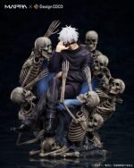 Figurine Funko Pop! de Gojo Satoru de la série Jujutsu Kaisen en tenue noire, assis sur un trône avec une expression confiante, entouré de squelettes. Vue de face à mi-distance.